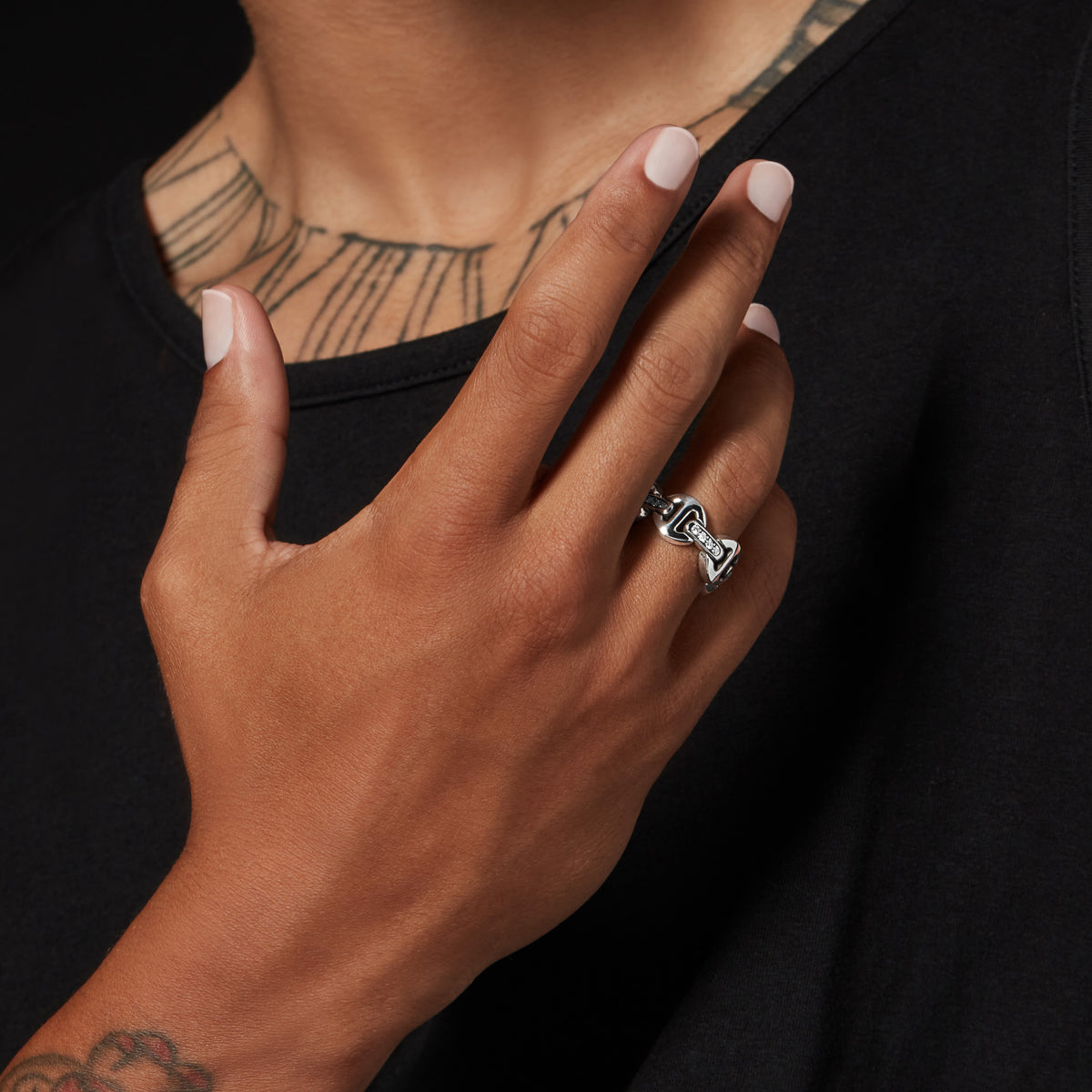 Classic Tri-Link with Diamond Bridges 5-8.5 ring in sterling silver, worn on the hand