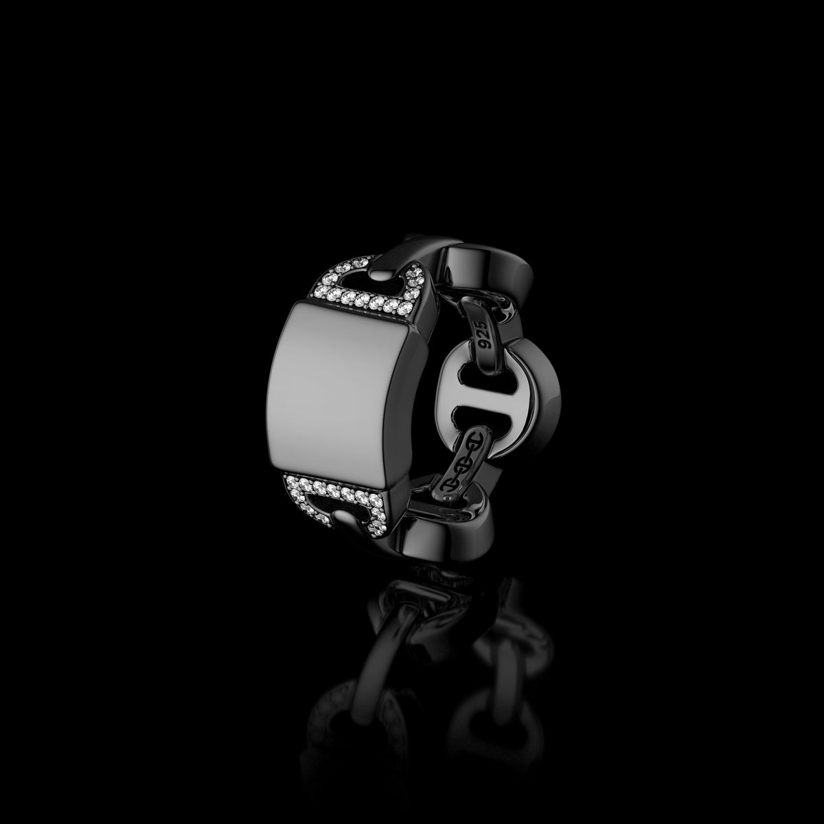 Brute Classic Tri-Link Monogram with Diamonds ring in sterling silver, upright view