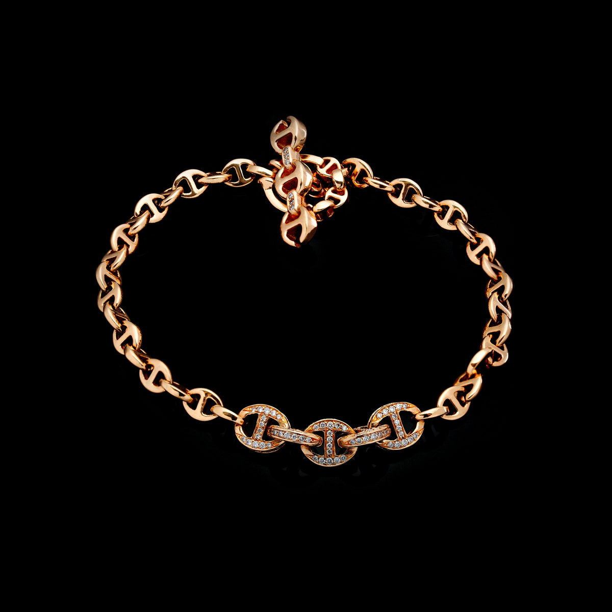 3mm Five Link Pave Bracelet in 18K rose gold