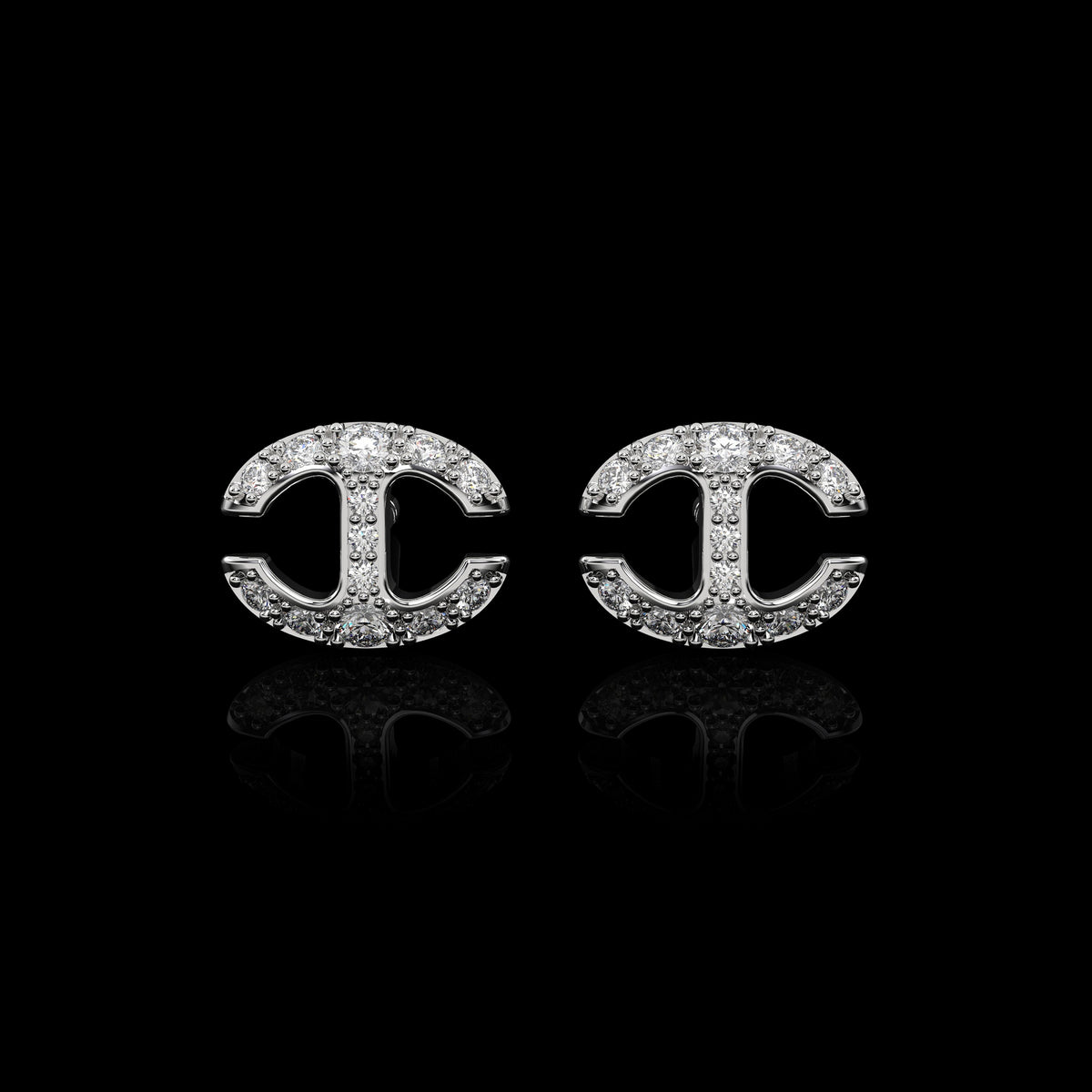 Small Link Studs with Diamonds earrings in 18K white gold, view 2