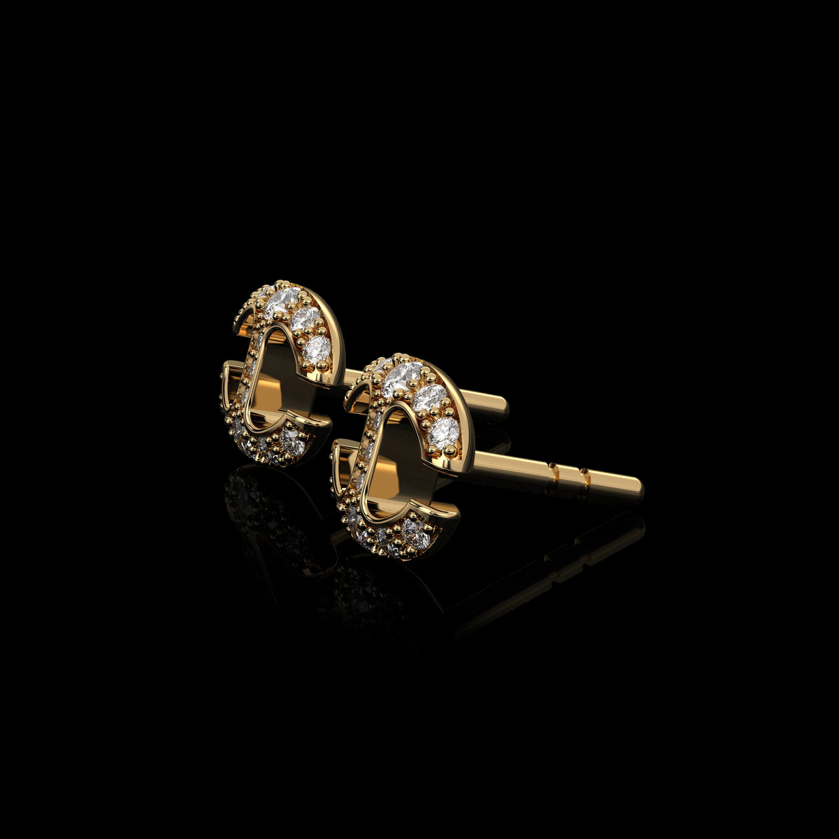 Small Link Studs with Diamonds earrings in 18K yellow gold, view 2