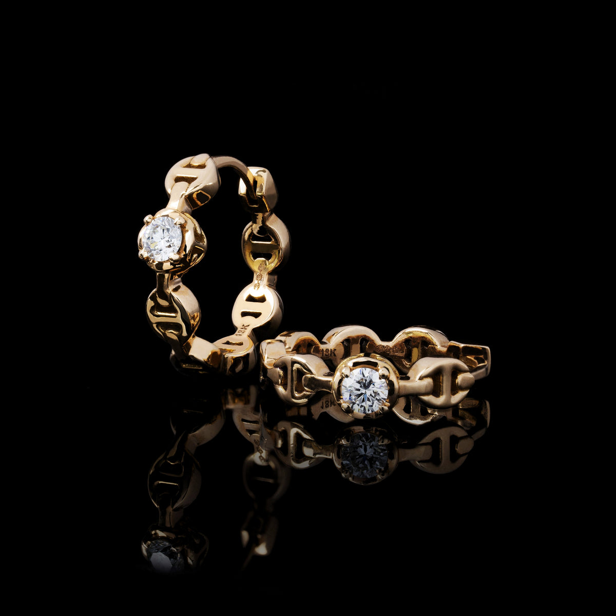Micro Tri-Link Huggie with Diamonds earrings in 18K yellow gold by HOORSENBUHS®, pair
