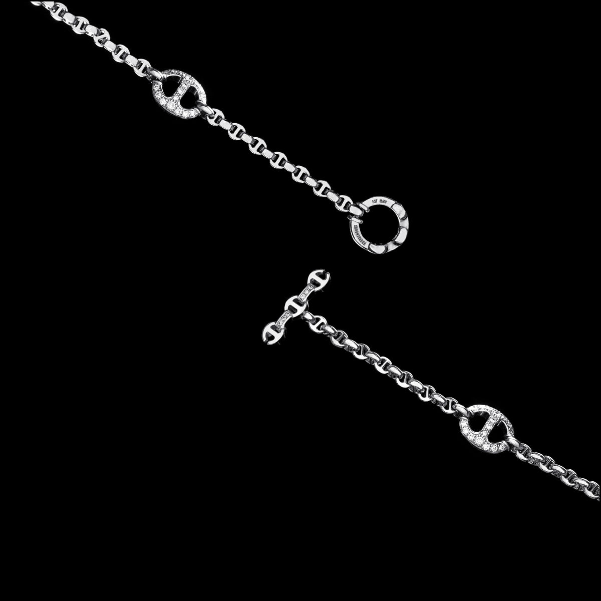 Micro Open-Link™ Necklace with 7, 10mm Stations - 16" in 18K white gold, toggle closure detail