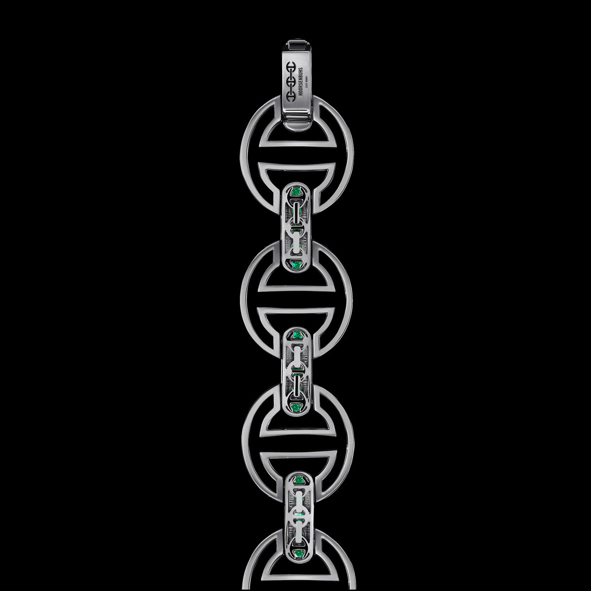 MMV Medium Link Bracelet with Emerald Bridges in 18K gold, back view, view 6