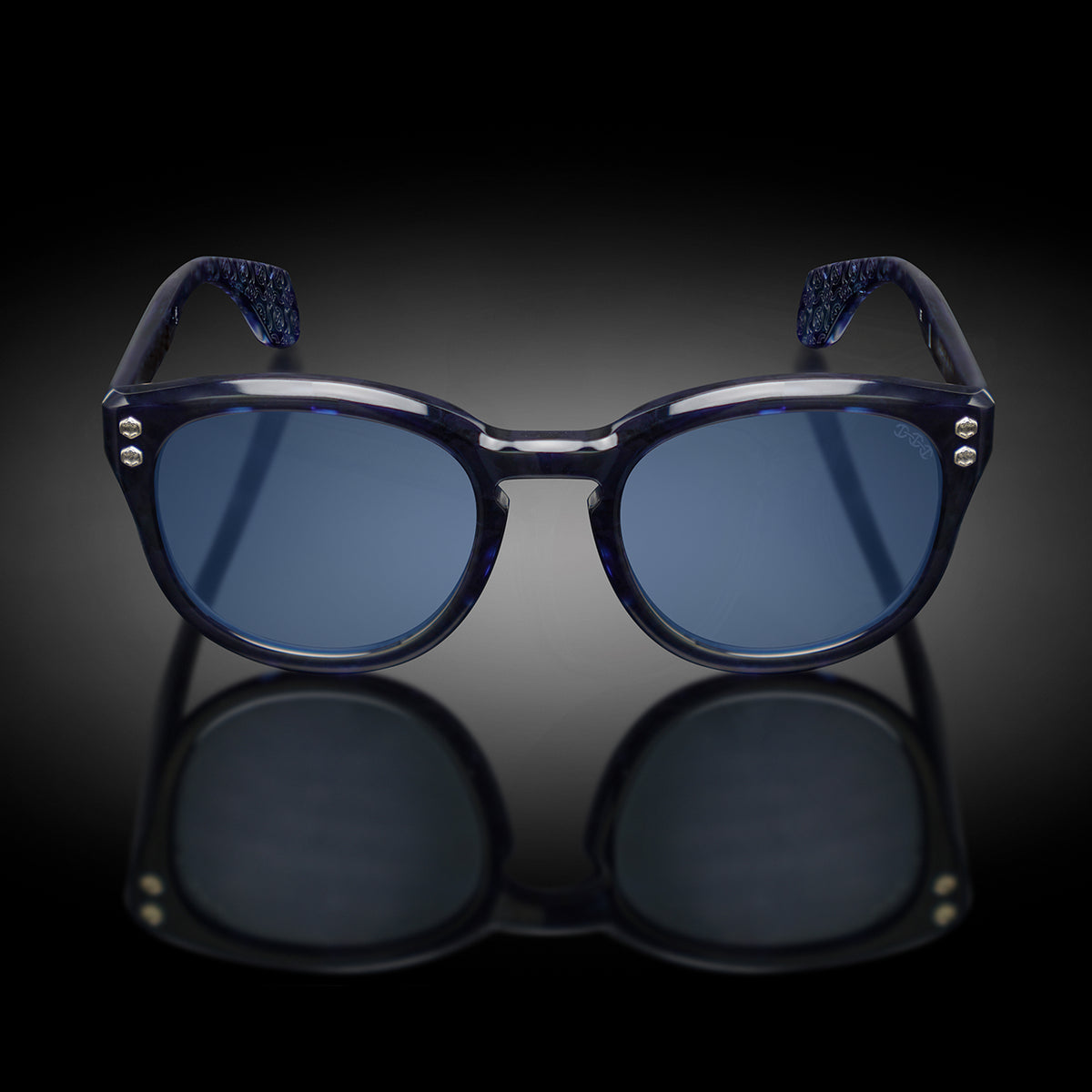 Model II eyewear in Blue Tortoise, front view