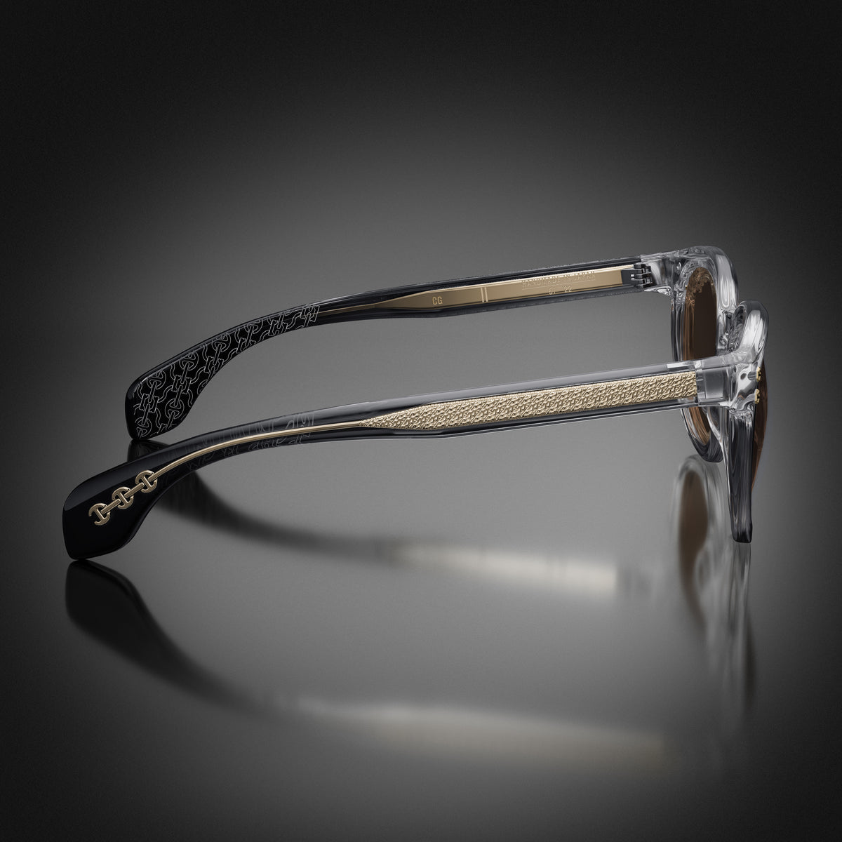 Model II eyewear in Clear Grey, side view