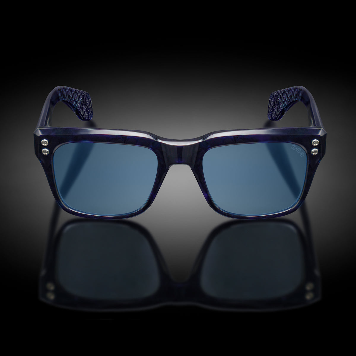 Model V eyewear in Blue Tortoise, front view