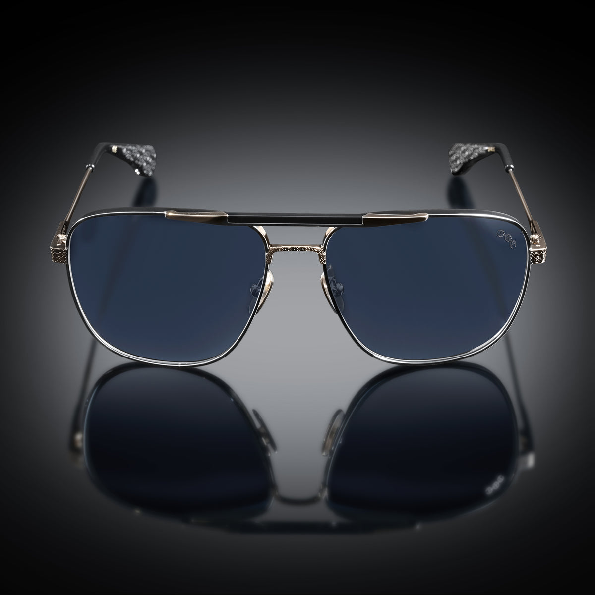 Model XI eyewear in Gun Metal-White Gold and Black, front view