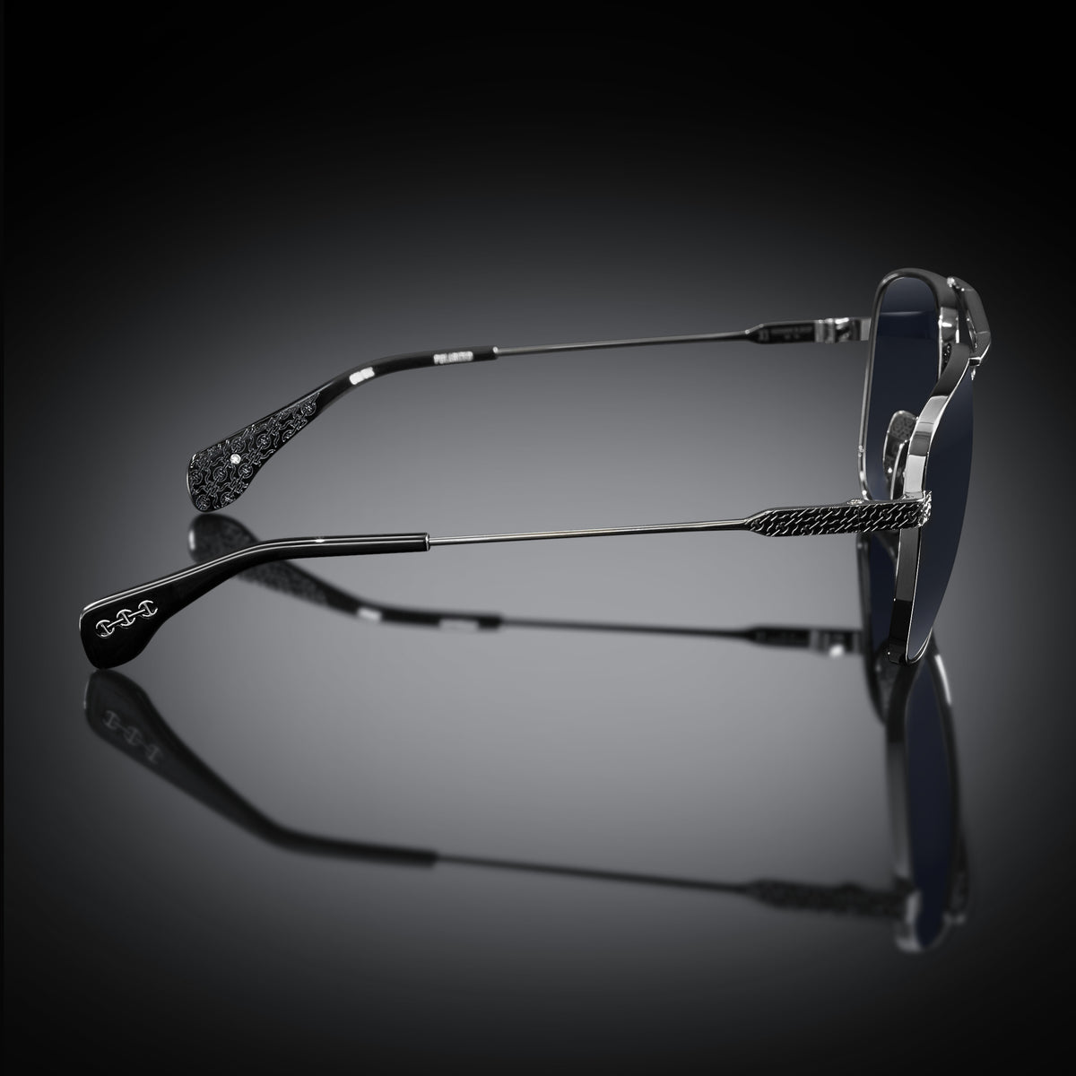 Model XI eyewear in Gun Metal and Black, side view