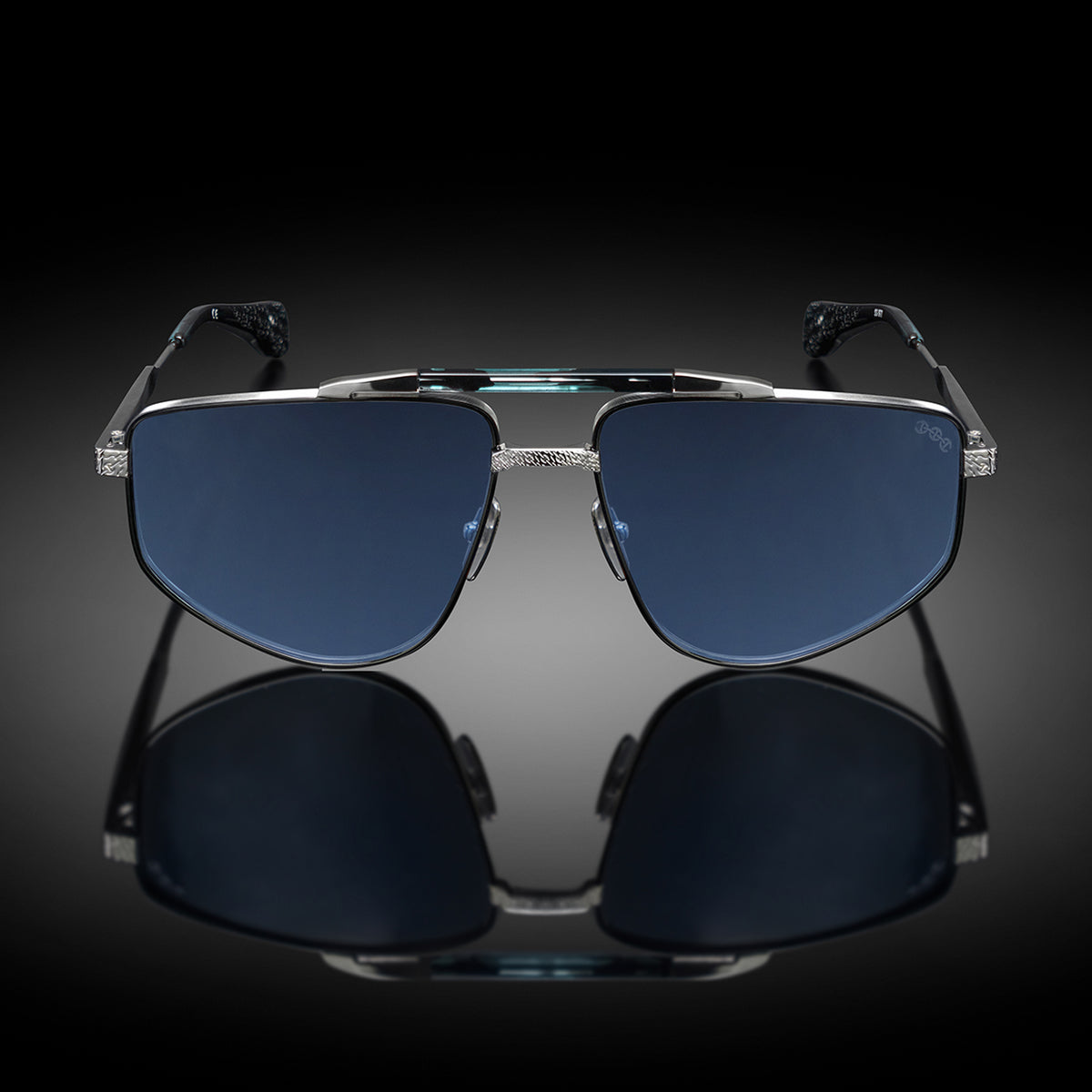 Model XIII eyewear in Shiny Silver and Blue Tokyo Tortoise, front view