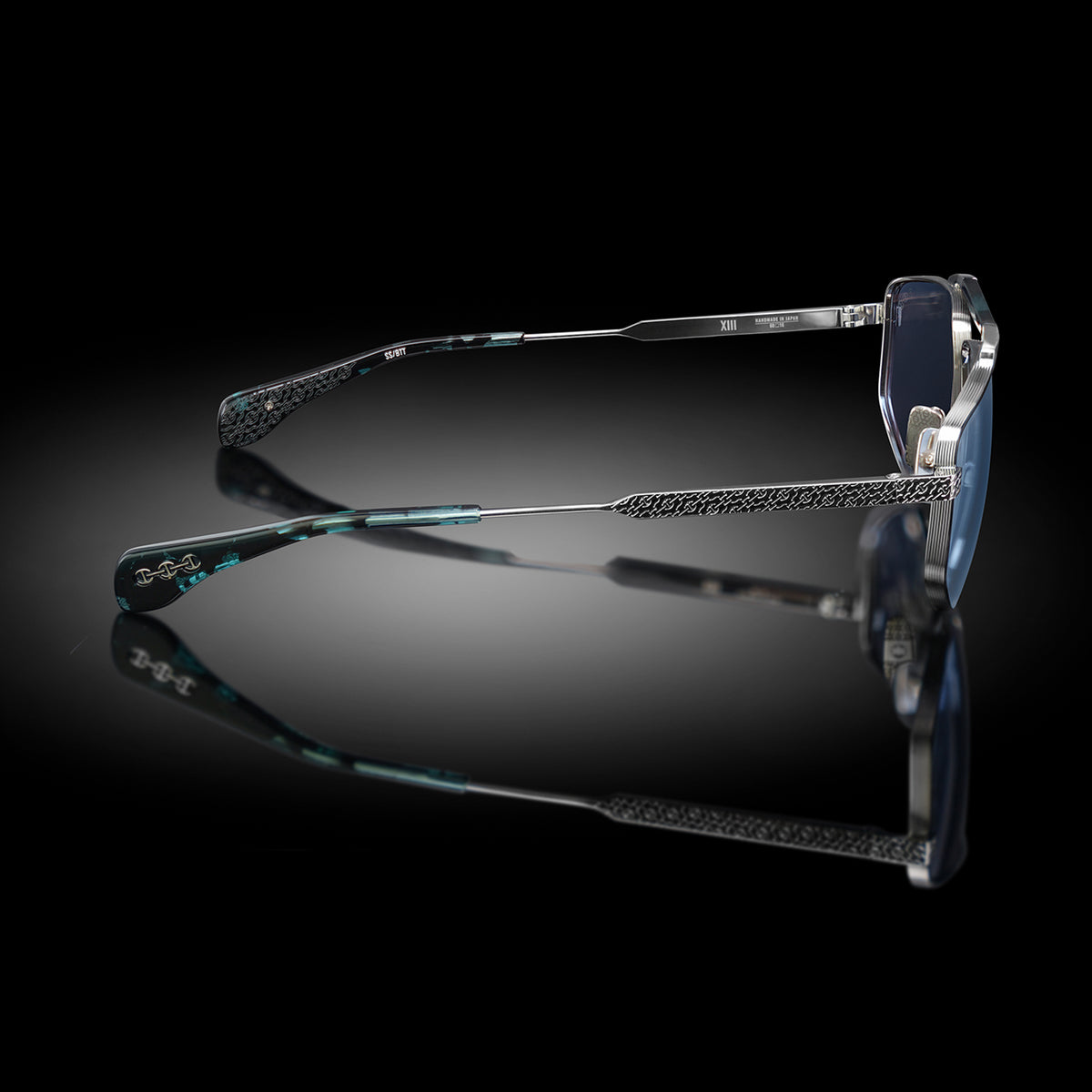 Model XIII eyewear in Shiny Silver and Blue Tokyo Tortoise, side view
