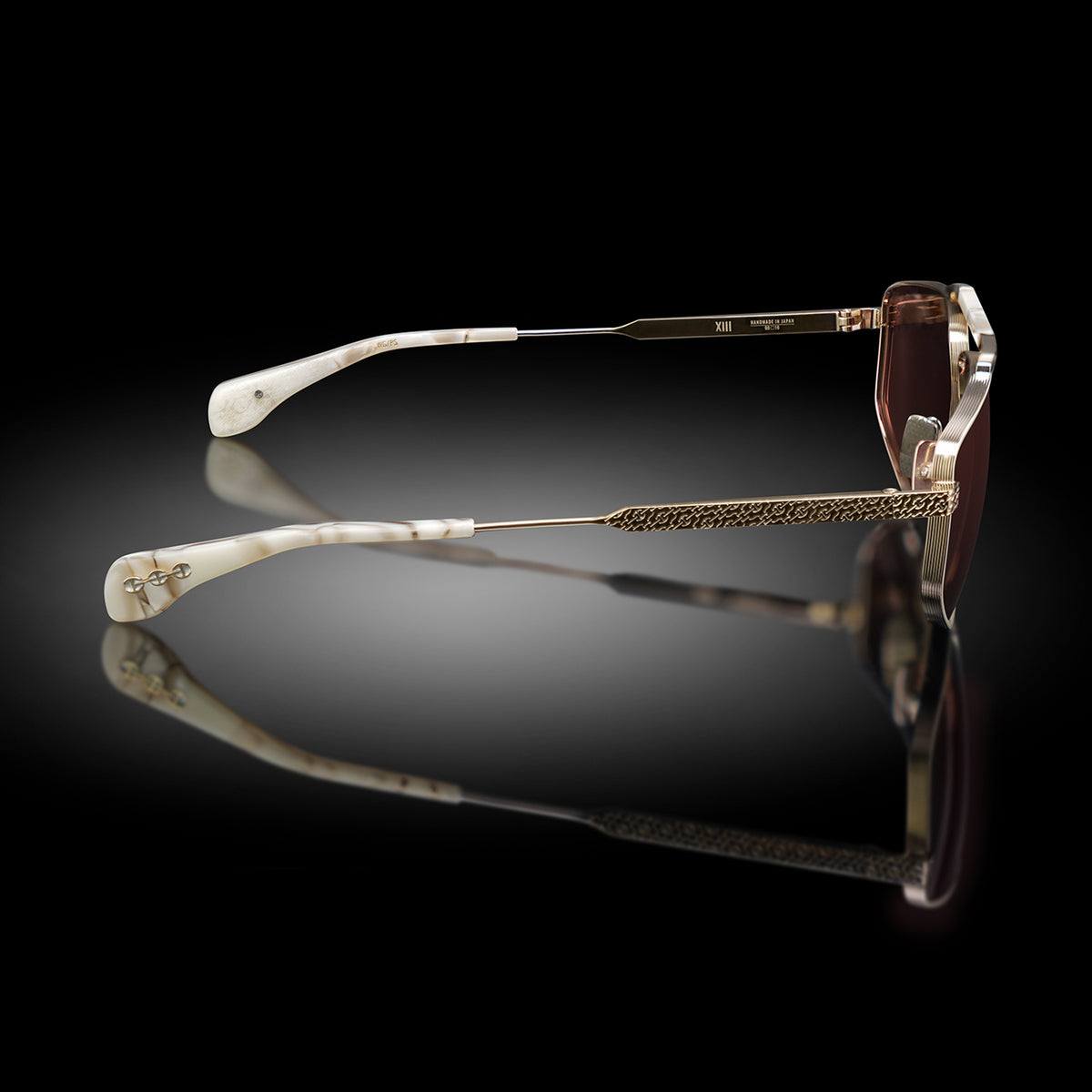 Model XIII eyewear in White Gold and Pearl Swirl, side view