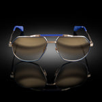Model XII eyewear in White Gold and Matte Navy Blue, front view