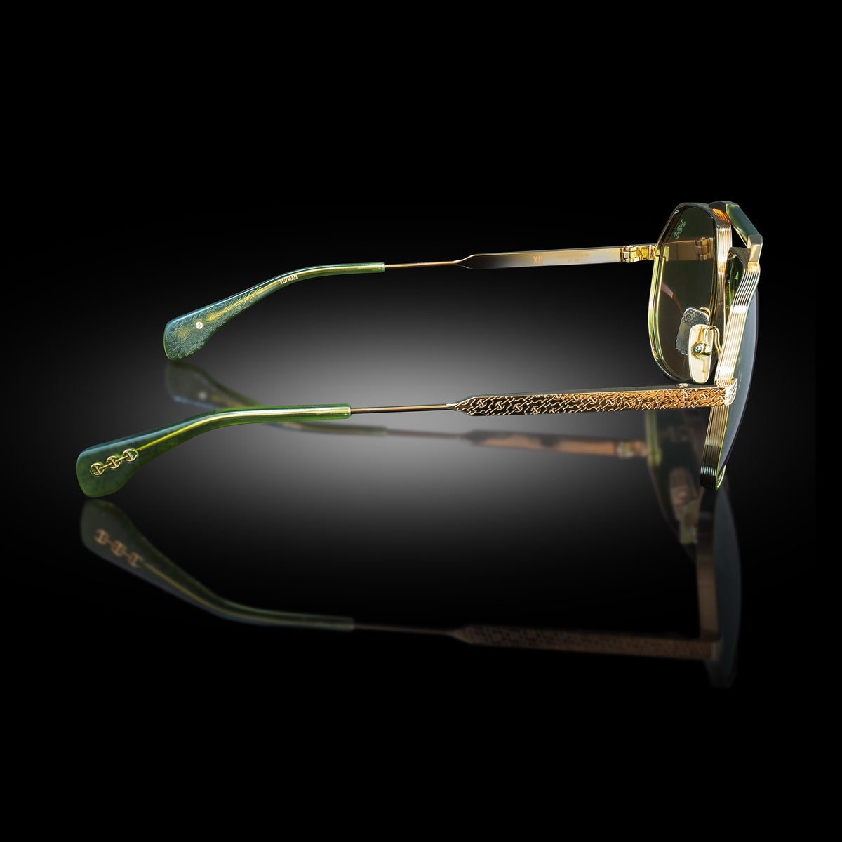 Model XII eyewear in Yellow Gold and Matte Army Green, side view