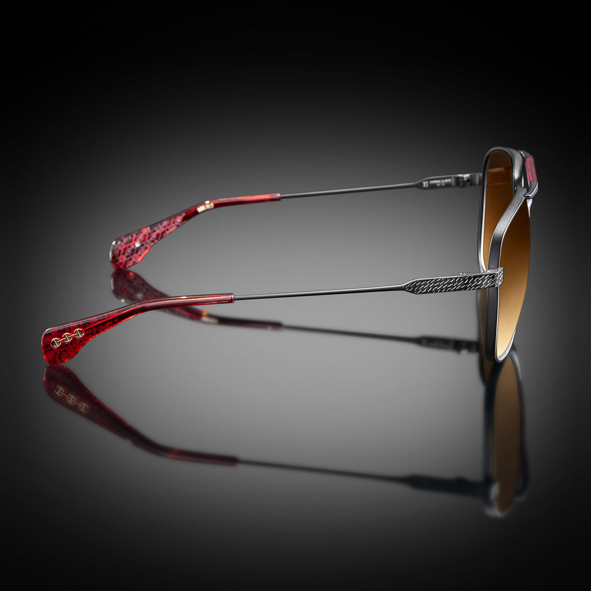 Model XI eyewear in Matte Black and Bordeaux, side view