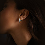Mini Axe earrings in sterling silver, worn on the ear