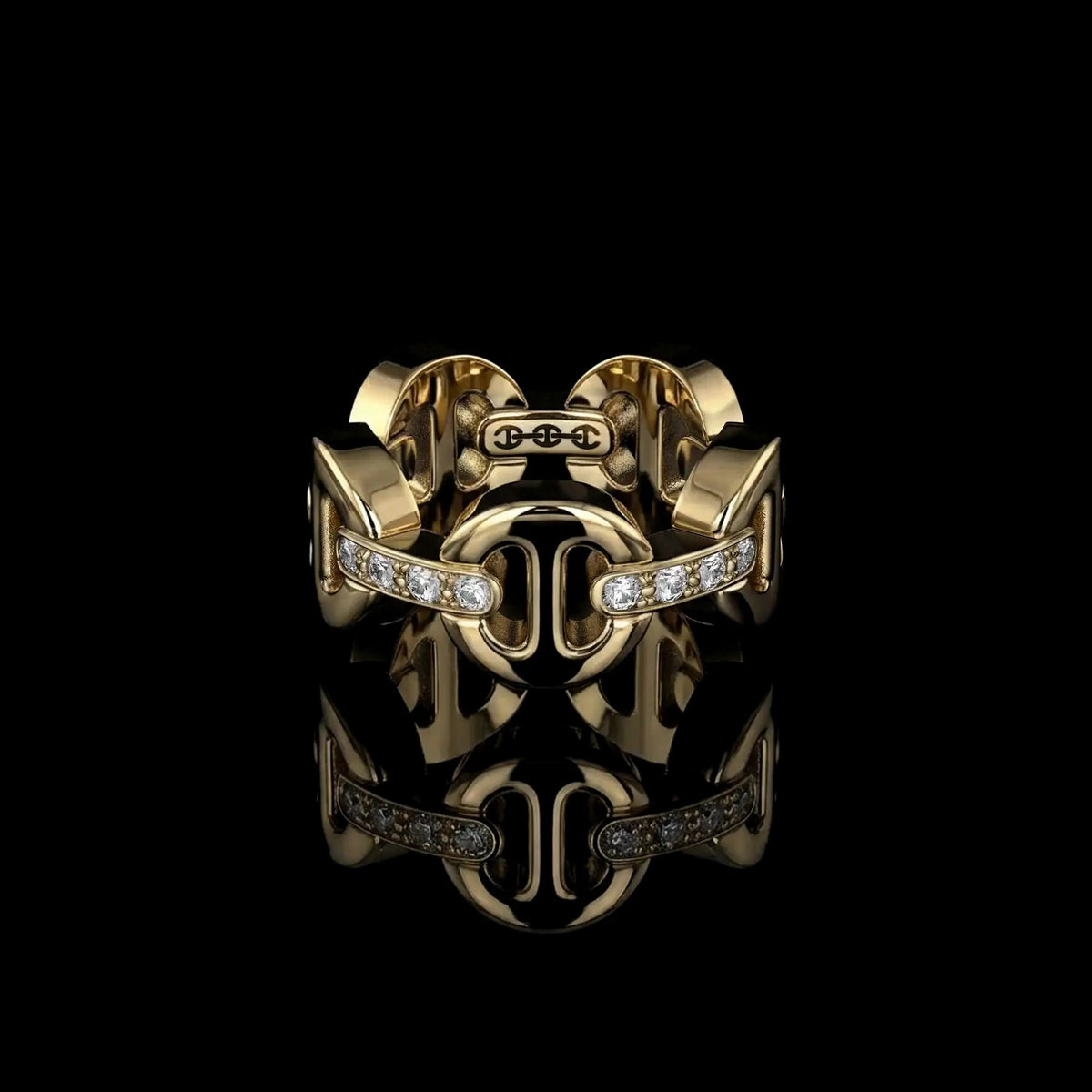 Classic Tri-Link with Diamond Bridges ring in 18K gold by HOORSENBUHS®