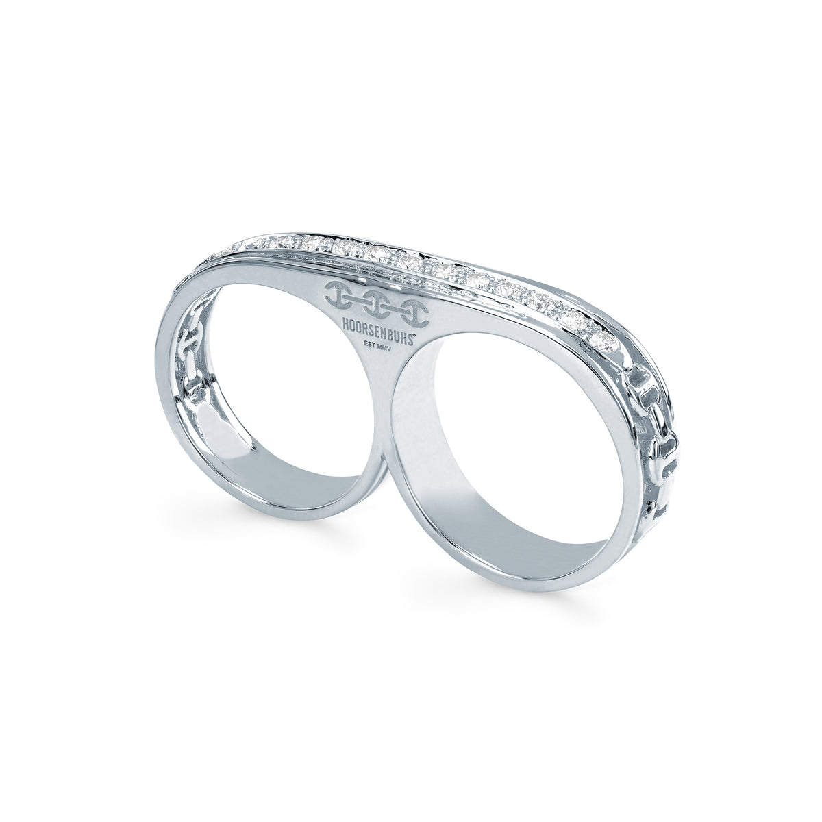 Double Barrel Knuckle with Diamonds ring in 18K white gold