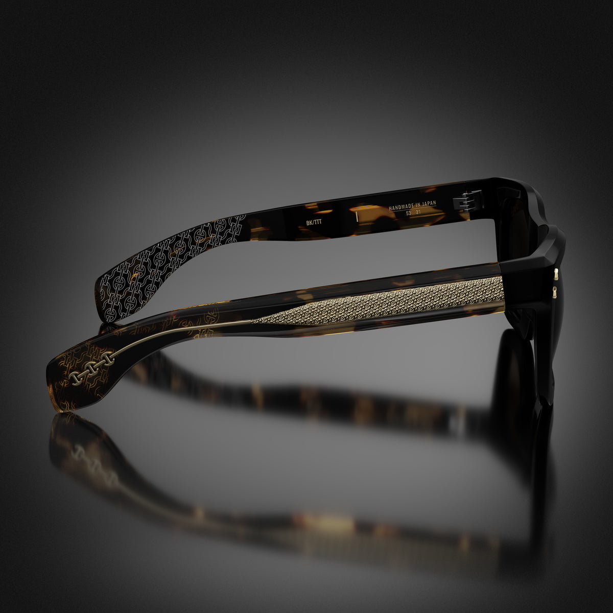 Model I eyewear in Black and Tokyo Tortoise Temples, side view