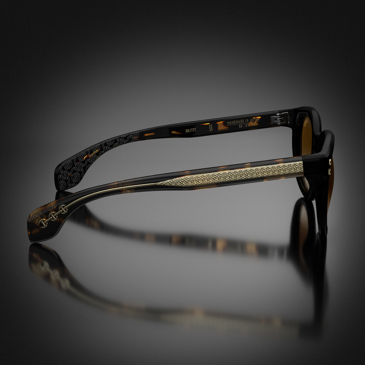 Model II eyewear in Black and Tokyo Tortoise Temples, side view