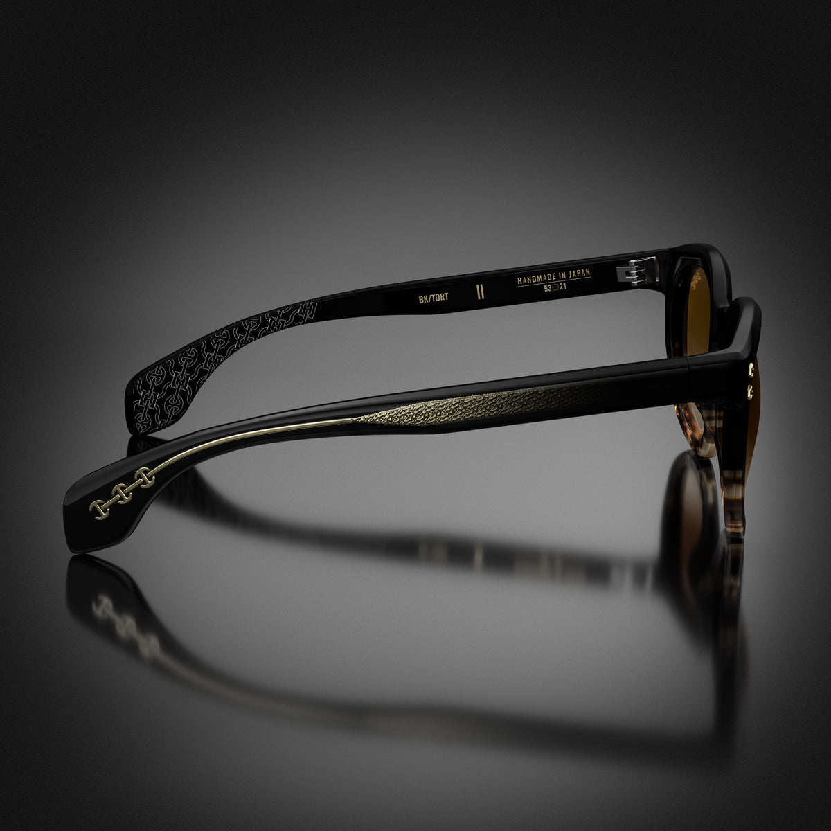Model II eyewear in Black and Tortoise Fade, side view
