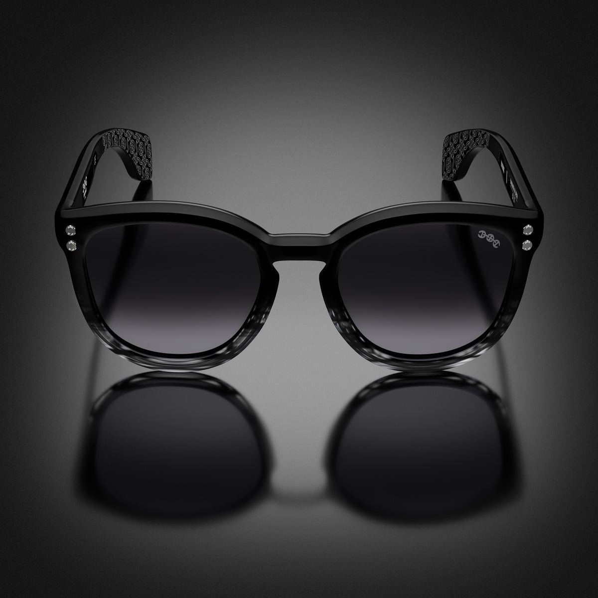 Model II eyewear in Black and Grey Tortoise Fade, front view