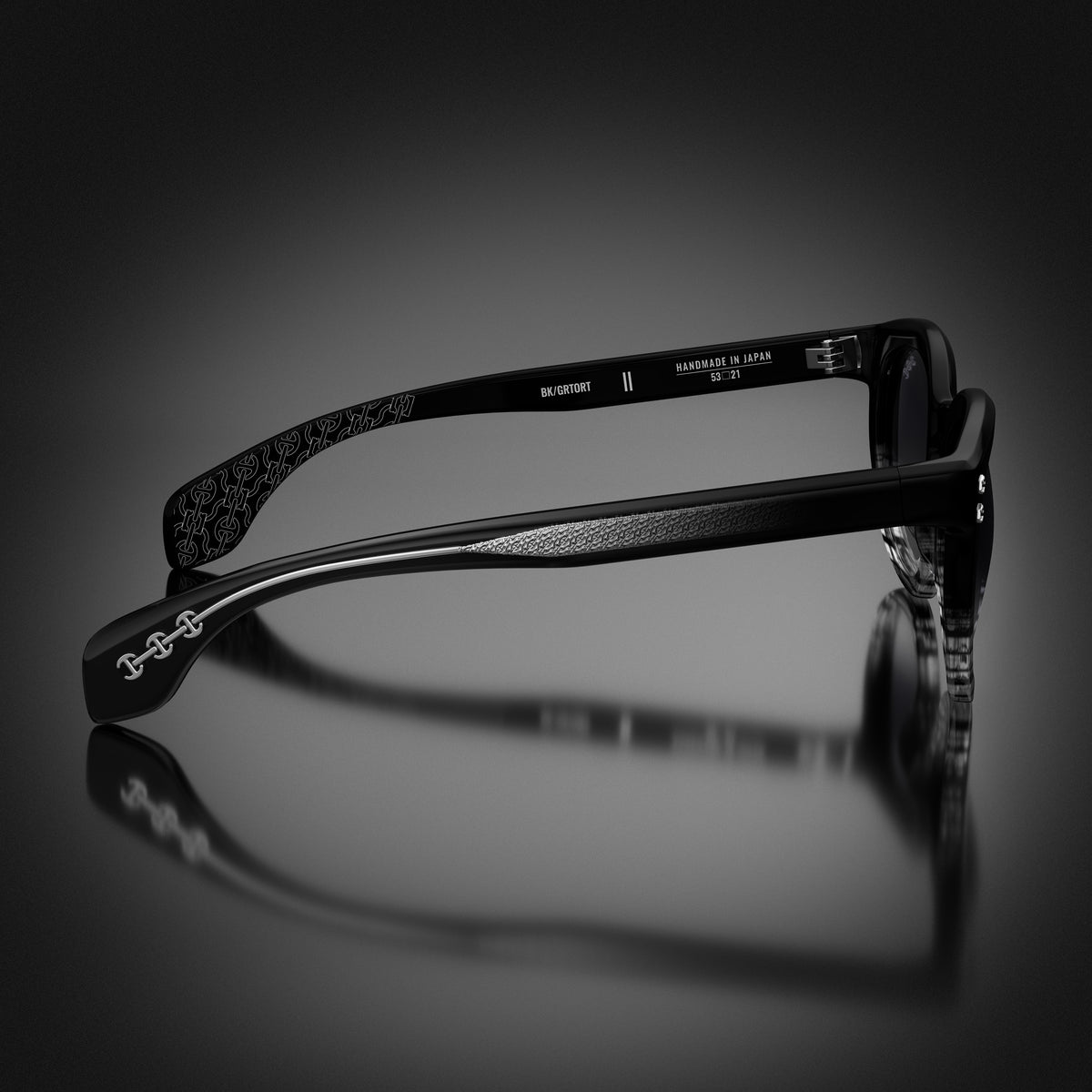 Model II eyewear in Black and Grey Tortoise Fade, side view