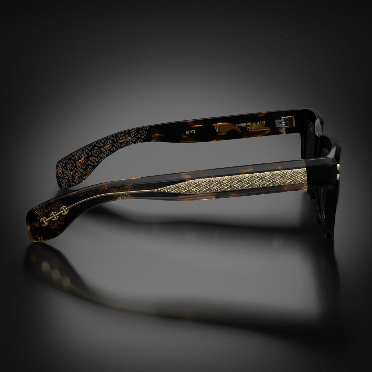 Model V eyewear in Black and Tokyo Tortoise Temples, side view