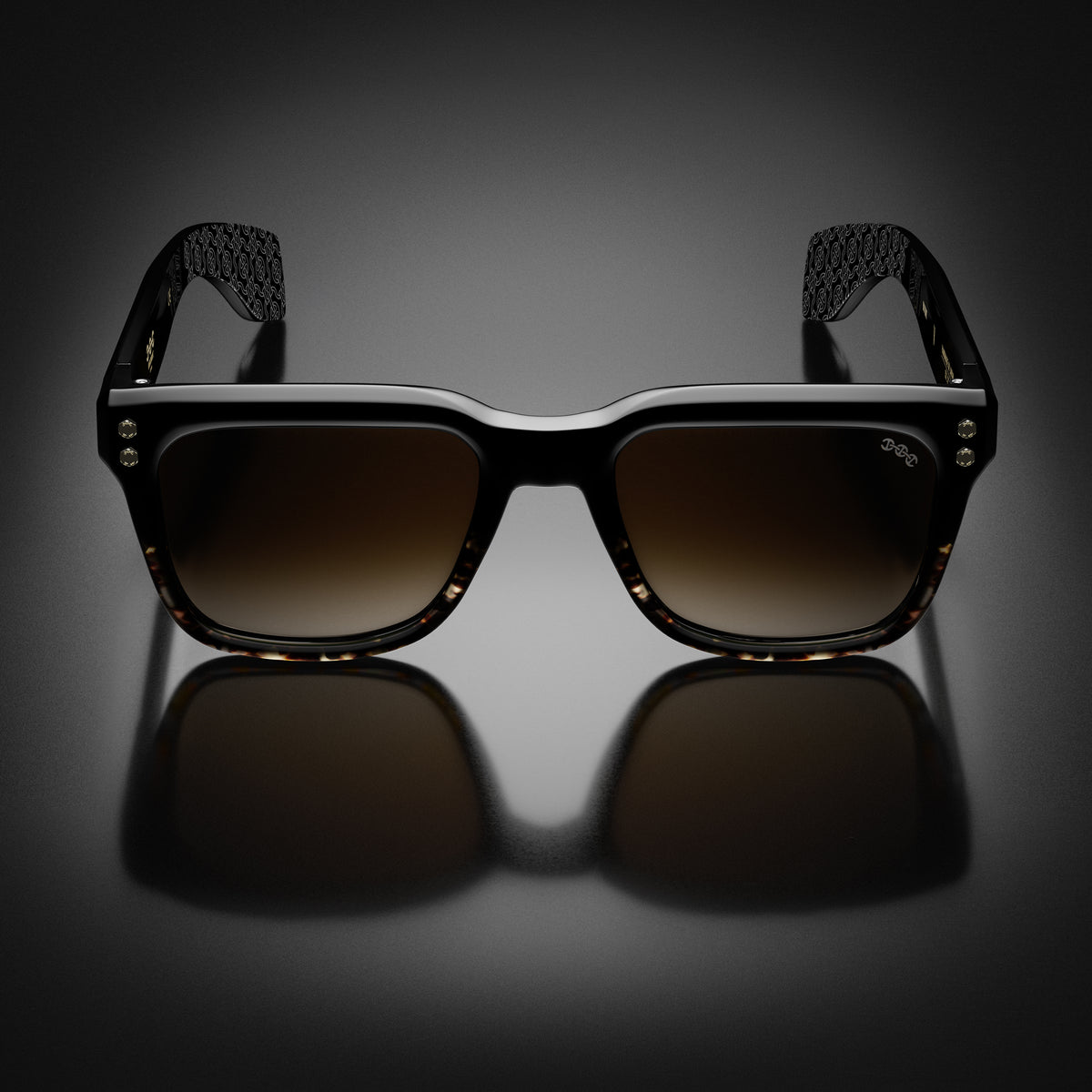 Model V eyewear in Black and Tortoise Fade, front view