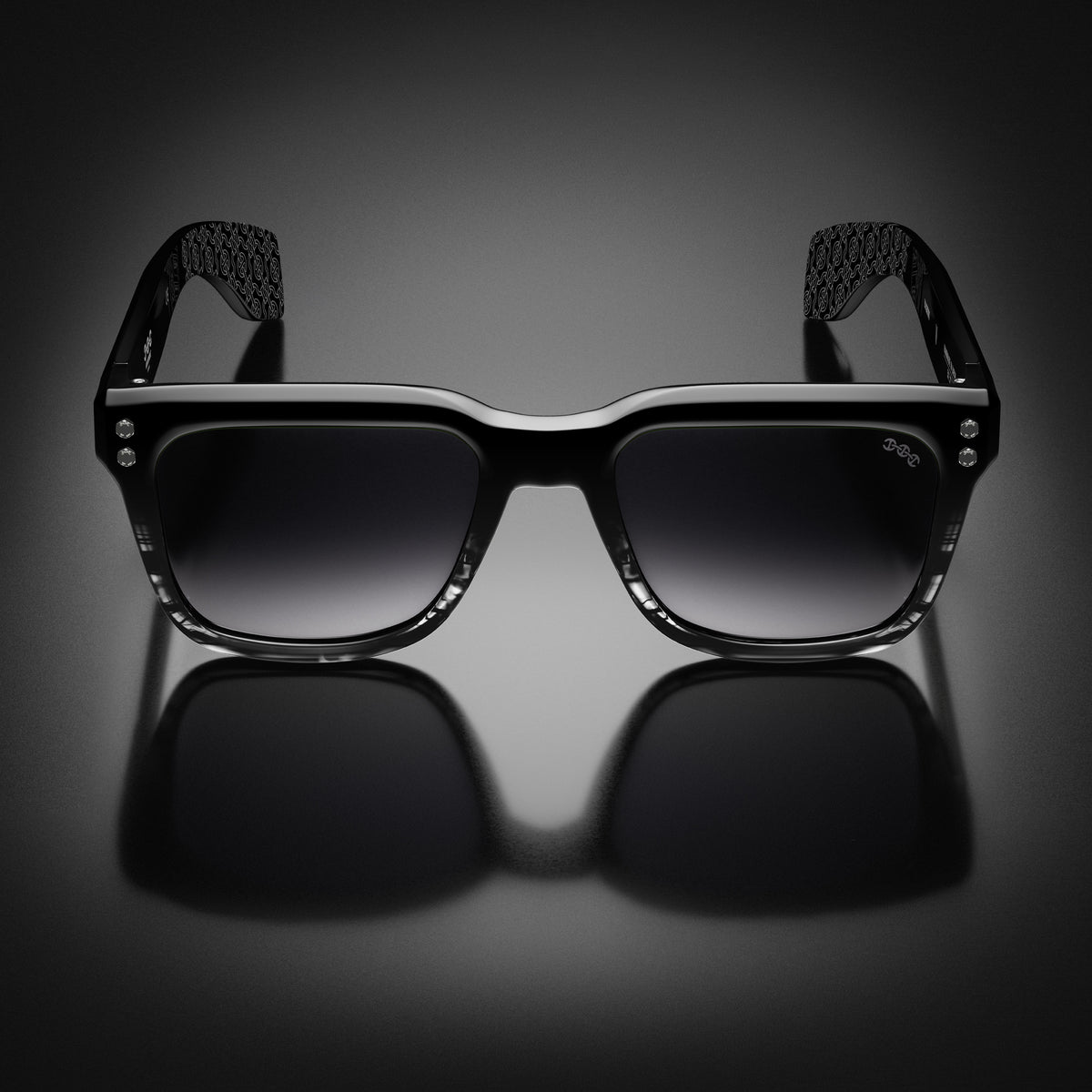 Model V eyewear in Black and Grey Tortoise Fade, front view