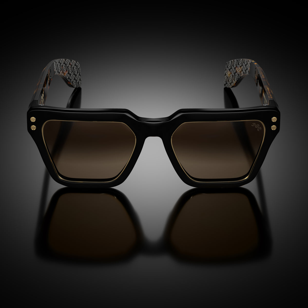 Model X eyewear in Black and Tokyo Tortoise Temples, front view