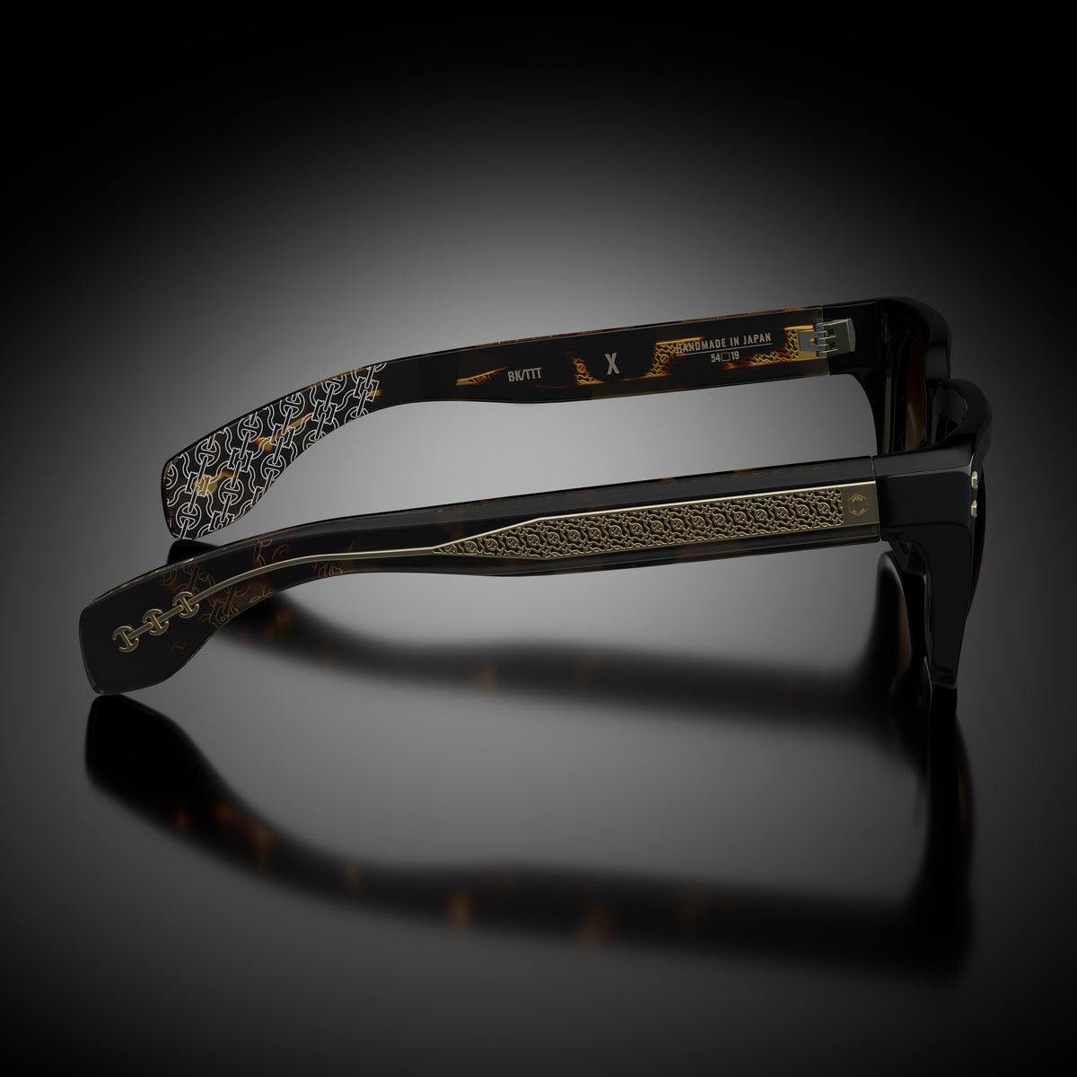 Model X eyewear in Black and Tokyo Tortoise Temples, side view